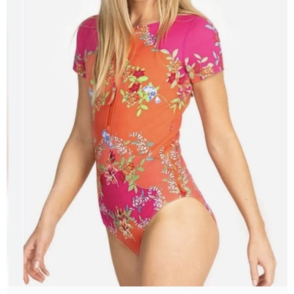 Johnny Was Wave Surf 1 Piece L Zip-Up Bodysuit Neoprene Multicolor Floral NWT